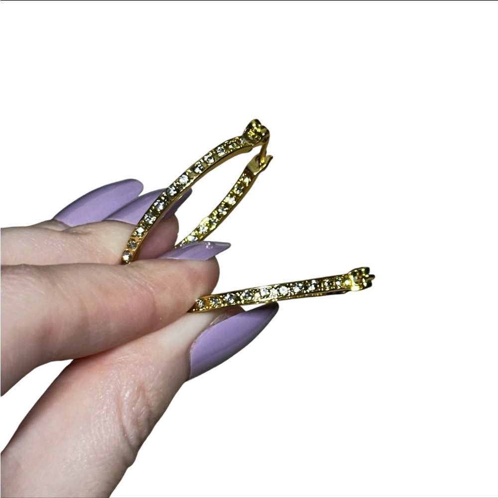 Gold Plated Rhinestone Oval Hoop Earrings - Picture 6 of 6